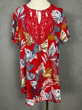 Ekouaer Women's Red Floral Short Sleeve Cover Up Crochet Lace V-Neck Small NWTs